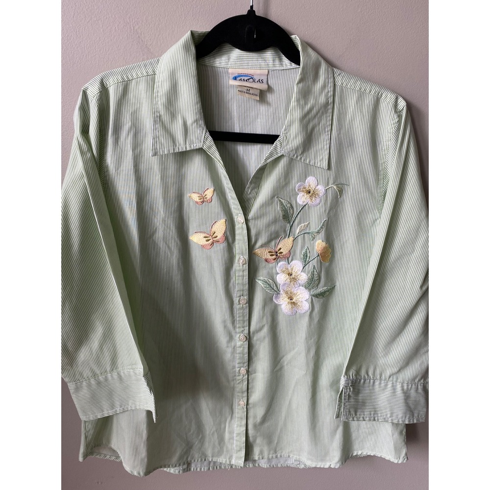 Las Olas Womens Green White Striped Embroidered Butterfly Floral Shirt Medium
